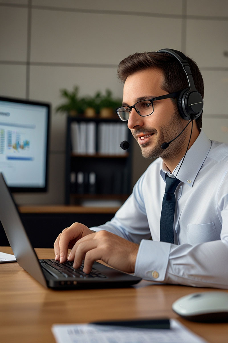 Homem no computador com headset